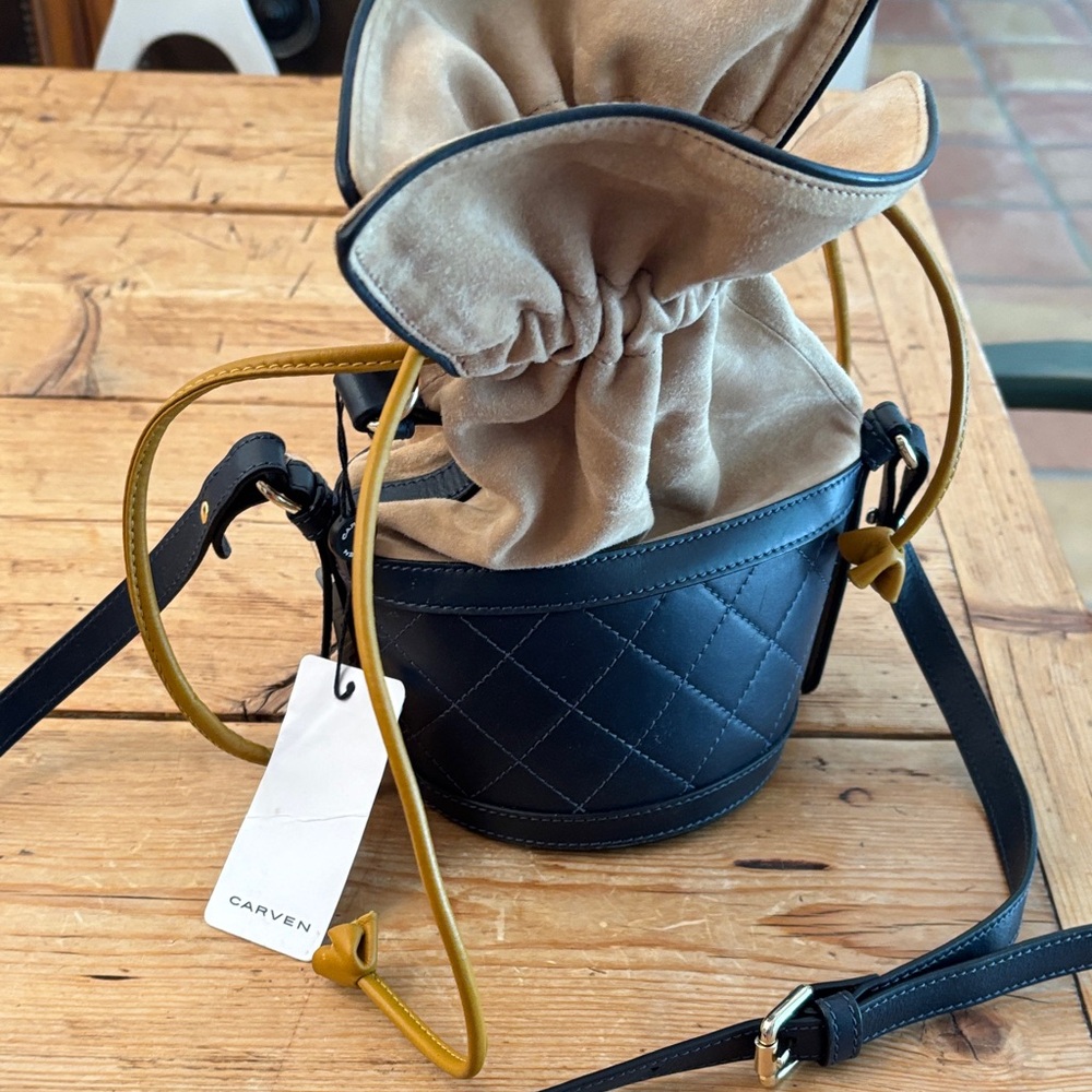 Carven navy and Tan Quilted Mini Bucket Bag